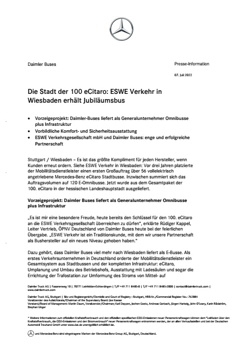 Die Stadt der 100 eCitaro: ESWE Verkehr in Wiesbaden erhält Jubiläumsbus