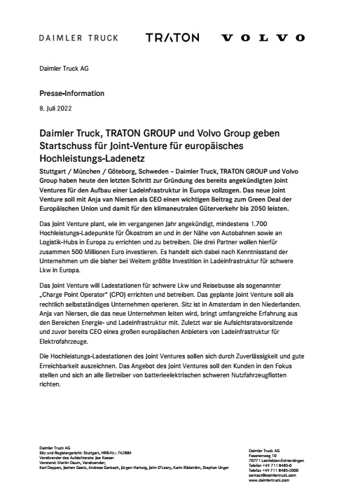 Daimler Truck, TRATON GROUP und Volvo Group geben Startschuss für Joint-Venture für europäisches Hochleistungs-Ladenetz