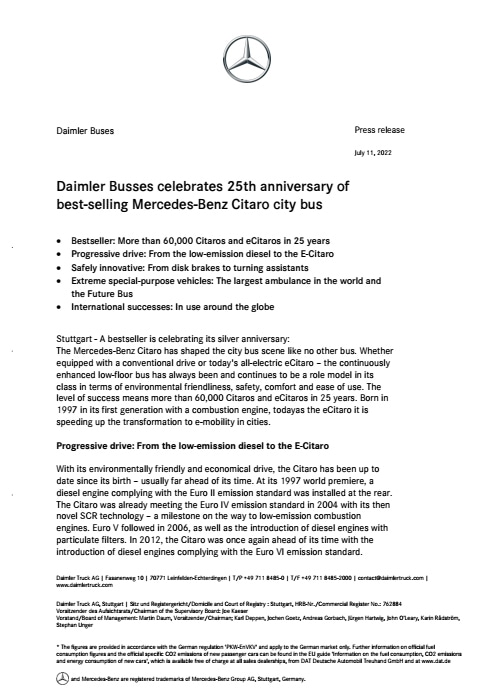 Daimler Busses celebrates 25th anniversary of best selling Mercedes-Benz Citaro city bus