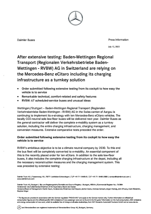 After extensive testing: Baden-Wettingen Regional Transport (Regionalen Verkehrsbetriebe Baden-Wettingen - RVBW) AG in Switzerland are relying on the Mercedes-Benz eCitaro including its charging infrastructure as a turnkey solution