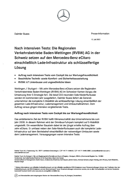 Nach intensiven Tests: Die Regionalen Verkehrsbetriebe Baden-Wettingen (RVBW) AG in der Schweiz setzen auf den Mercedes-Benz eCitaro einschließlich Lade-Infrastruktur als schlüsselfertige Lösung