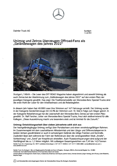 Unimog und Zetros überzeugen Offroad-Fans als  „Geländewagen des Jahres 2022“