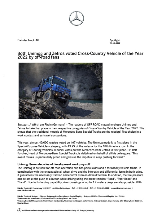 Both Unimog and Zetros voted Cross-Country Vehicle of the Year 2022 by off-road fans