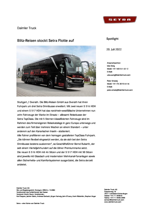 Blitz-Reisen stockt Setra Flotte auf