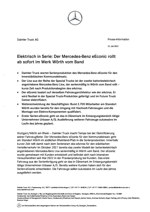 Elektrisch in Serie: Der Mercedes-Benz eEconic rollt ab sofort im Werk Wörth vom Band