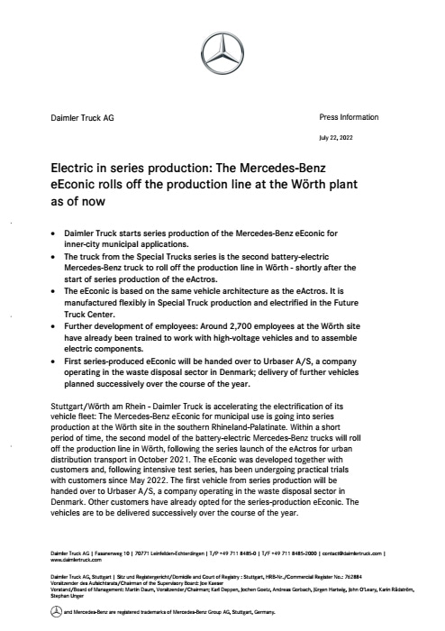 Electric in series production: The Mercedes-Benz eEconic rolls off the production line at the Wörth plant as of now