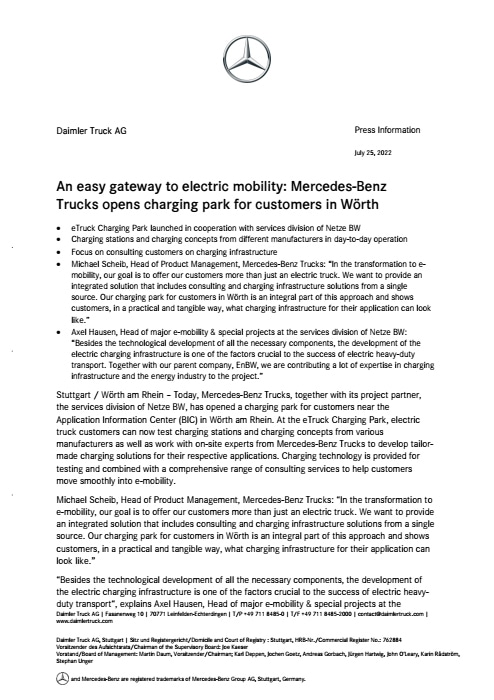 An easy gateway to electric mobility: Mercedes-Benz Trucks opens charging park for customers in Wörth