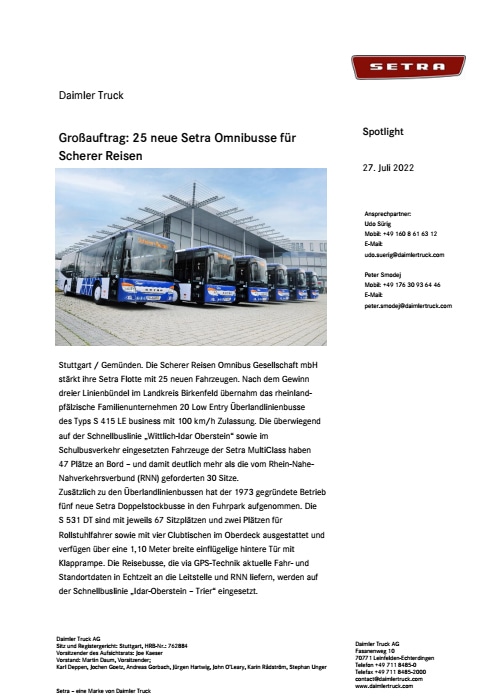 Großauftrag: 25 neue Setra Omnibusse für Scherer Reisen