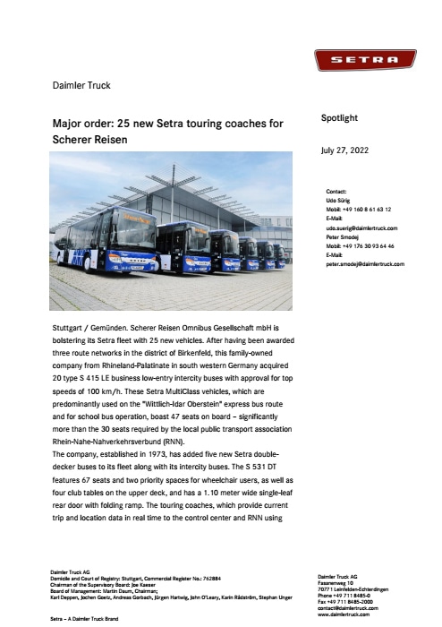 Major order: 25 new Setra touring coaches for Scherer Reisen