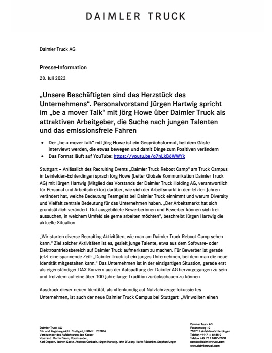 „Unsere Beschäftigten sind das Herzstück des Unternehmens“. Personalvorstand Jürgen Hartwig spricht im „be a mover Talk“ mit Jörg Howe über Daimler Truck als attraktiven Arbeitgeber, die Suche nach jungen Talenten und das emissionsfreie Fahre