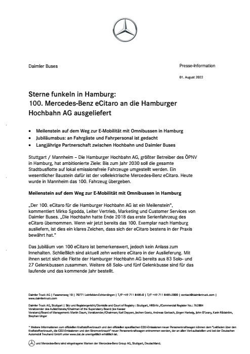 Sterne funkeln in Hamburg 100. Mercedes-Benz eCitaro an die Hamburger Hochbahn AG ausgeliefert