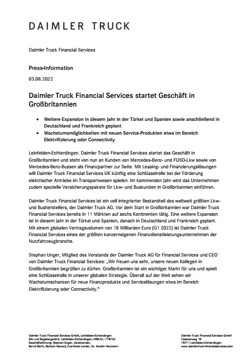 Daimler Truck Financial Services startet Geschäft in Großbritannien