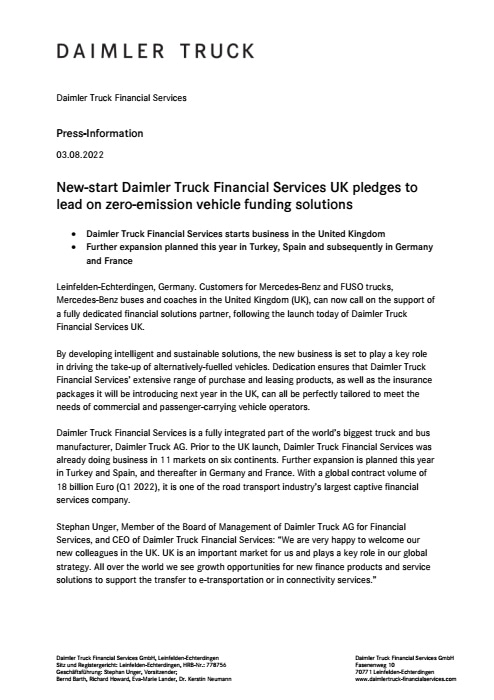 New-start Daimler Truck Financial Services UK pledges to lead on zero-emission vehicle funding solutions