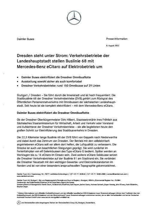 Dresden steht unter Strom Verkehrsbetriebe der Landeshauptstadt stellen Buslinie 68 mit Mercedes-Benz eCitaro auf Elektrobetrieb um