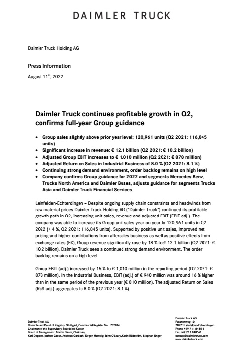 Daimler Truck continues profitable growth in Q2, confirms full-year Group guidance