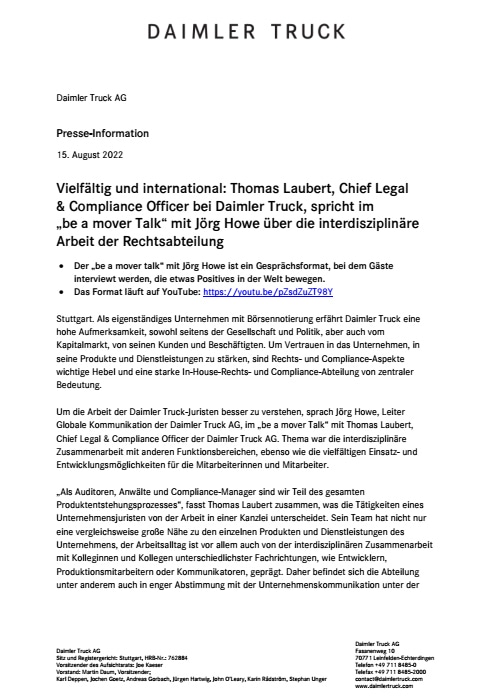 Vielfältig und international: Thomas Laubert, Chief Legal & Compliance Officer bei Daimler Truck