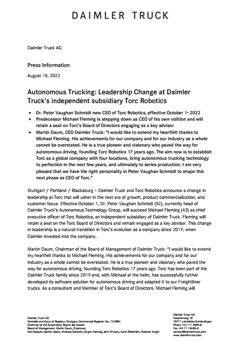 Autonomous Trucking: Leadership Change at Daimler Truck’s independent subsidiary Torc Robotics