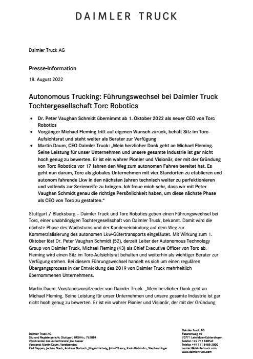 Autonomous Trucking: Führungswechsel bei Daimler Truck Tochtergesellschaft Torc Robotics