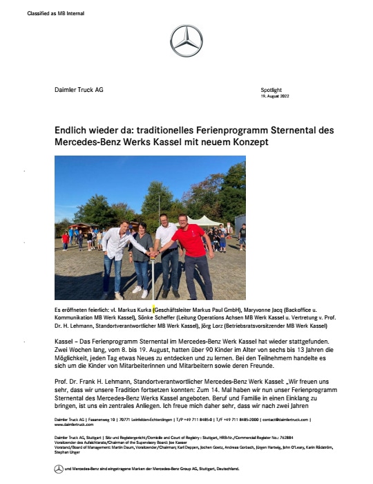 Endlich wieder da traditionelles Ferienprogramm Sternental des Mercedes-Benz Werks Kassel mit neuem Konzept