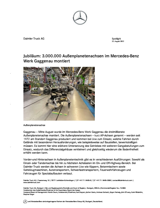 Jubiläum: 3.000.000 Außenplanetenachsen im Mercedes-Benz Werk Gaggenau montiert