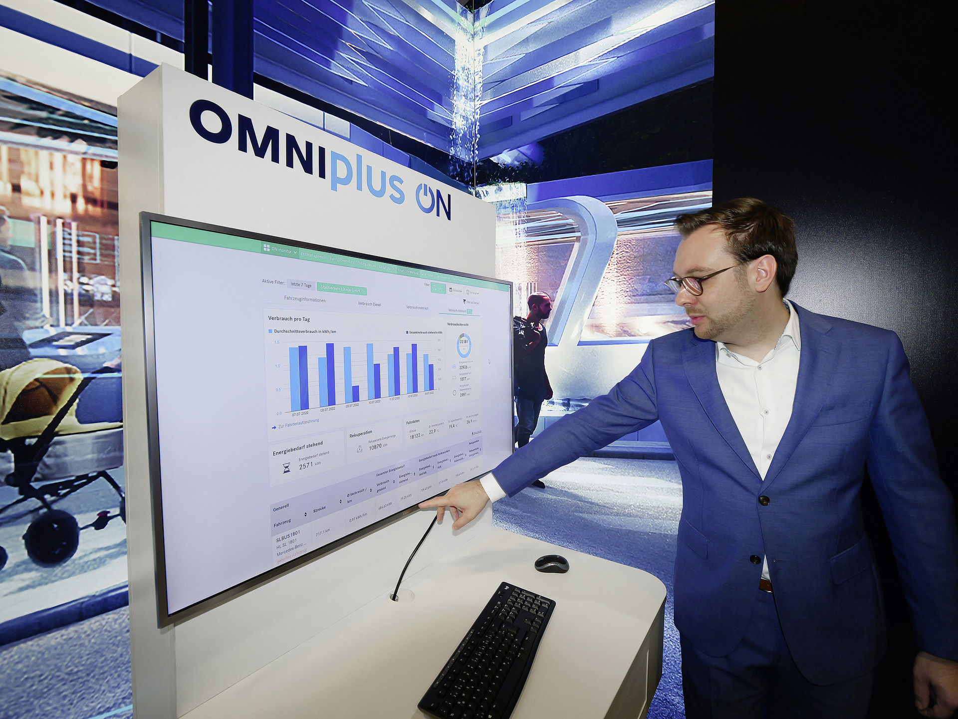 OMNIplus ON at the Electric Bus Conference 2022: Philip Janouch, Sales & Product Management Digital Services at Daimler Buses, explains the new digital services "OMNIplus ON monitor Performance Monitoring - Consumption". Daimler Buses at InnoTrans 2022 trade fair in Berlin: Premiere of the new Omniplus On Uptime pro service