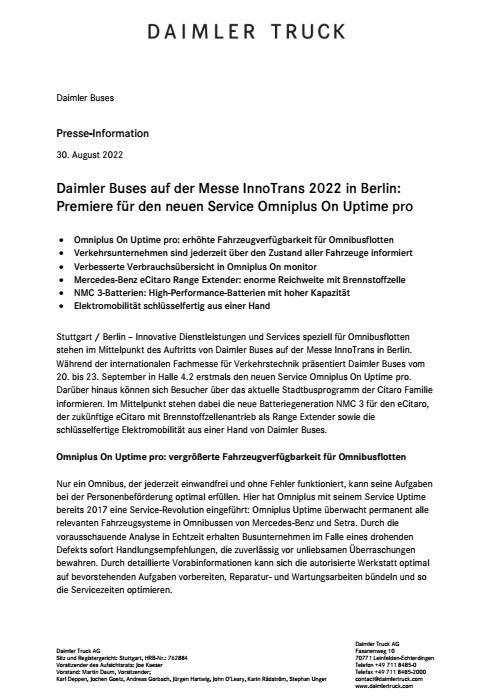 Daimler Buses auf der Messe InnoTrans 2022 in Berlin: Premiere für den neuen Service Omniplus On Uptime pro