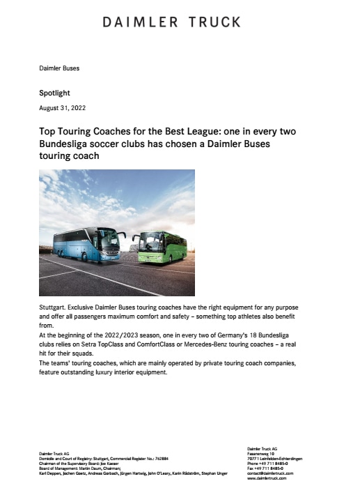 Top Touring Coaches for the Best League: one in every two Bundesliga soccer clubs has chosen a Daimler Buses touring coach