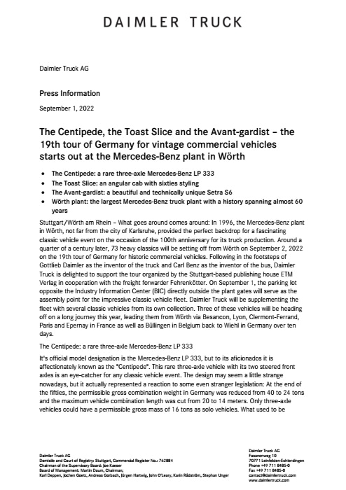 The Centipede, the Toast Slice and the Avant-gardist – the 19th tour of Germany for vintage commercial vehicles starts out at the Mercedes-Benz plant in Wörth