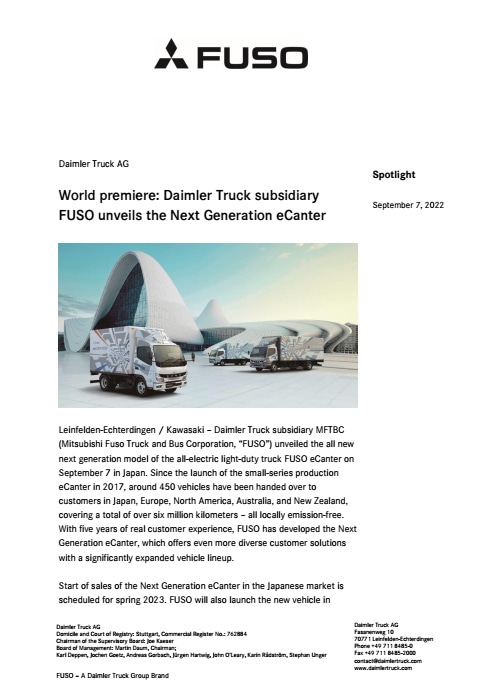 World premiere: Daimler Truck subsidiary FUSO unveils the Next Generation eCanter