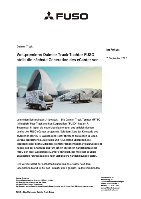 Weltpremiere: Daimler Truck-Tochter FUSO stellt die nächste Generation des eCanter vor