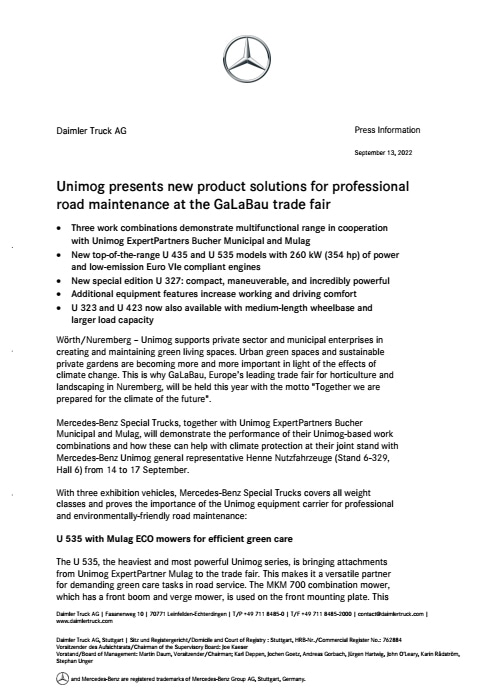 Unimog presents new product solutions for professional road maintenance at the GaLaBau trade fair