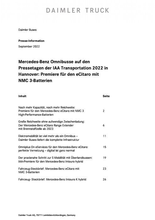 Mercedes-Benz Omnibusse auf den Pressetagen der IAA Transportation 2022 in Hannover: Premiere für den eCitaro mit NMC 3-Batterien