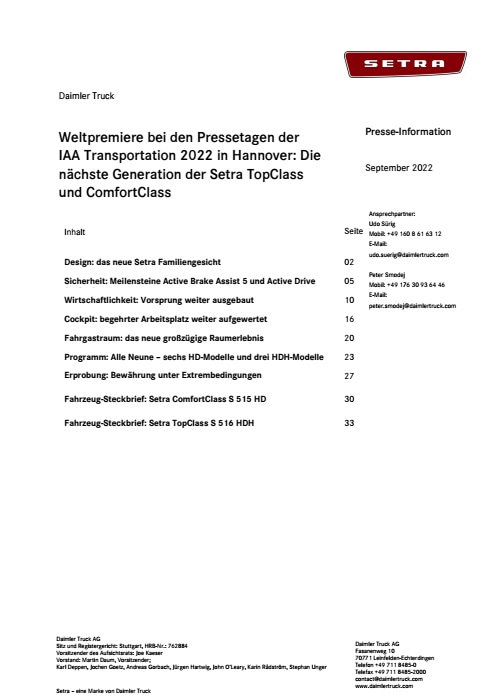 Weltpremiere bei den Pressetagen der IAA Transportation 2022 in Hannover: Die nächste Generation der Setra TopClass und ComfortClass