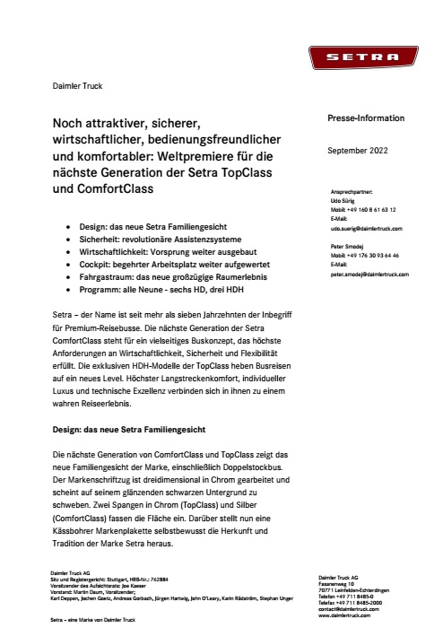 Noch attraktiver, sicherer, wirtschaftlicher, bedienungsfreundlicher und komfortabler: Weltpremiere für die nächste Generation der Setra TopClass und ComfortClass