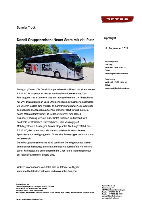 Donell Gruppenreisen: Neuer Setra mit viel Platz