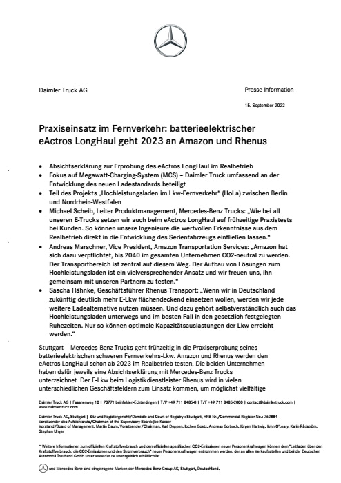 Praxiseinsatz im Fernverkehr: batterieelektrischer eActros LongHaul geht 2023 an Amazon und Rhenus