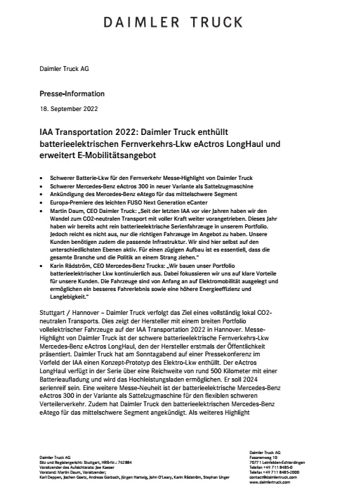 IAA Transportation 2022: Daimler Truck enthüllt batterieelektrischen Fernverkehrs-Lkw eActros LongHaul und erweitert E-Mobilitätsangebot