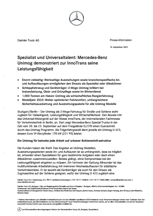 Spezialist und Universaltalent: Mercedes-Benz Unimog demonstriert zur InnoTrans seine Leistungsfähigkeit