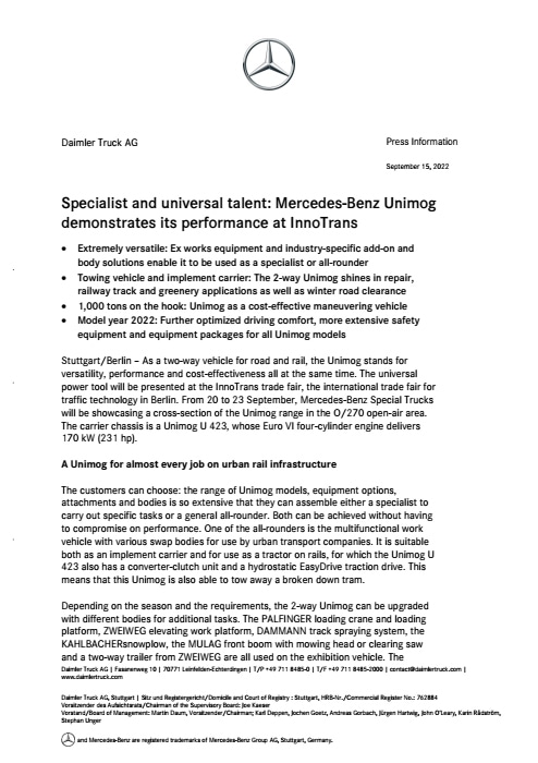 Specialist and universal talent: Mercedes-Benz Unimog demonstrates its performance at InnoTrans
