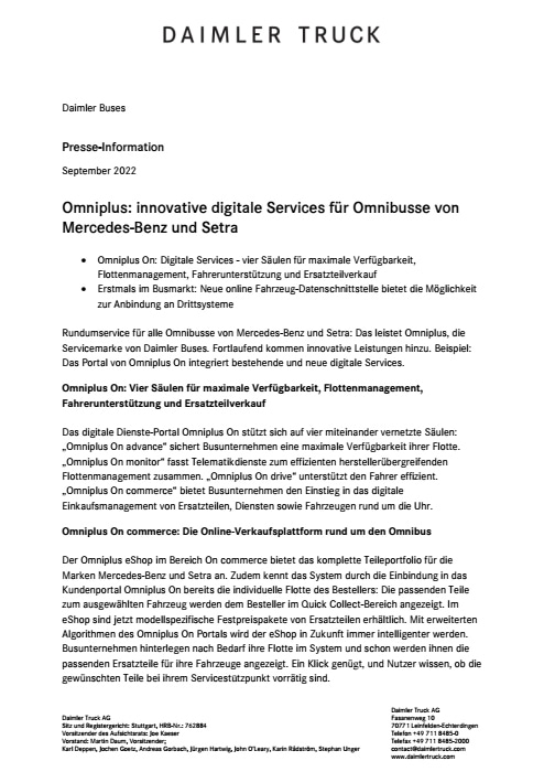 Omniplus: innovative digitale Services für Omnibusse von Mercedes-Benz und Setra
