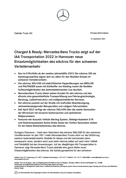 Charged & Ready: Mercedes-Benz Trucks zeigt auf der IAA Transportation 2022 in Hannover neue Einsatzmöglichkeiten des eActros für den schweren Verteilerverkehr