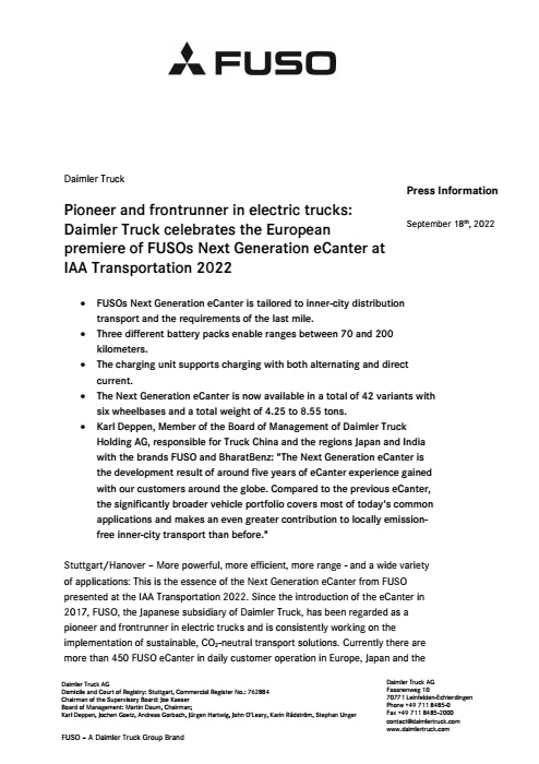 Pioneer and frontrunner in electric trucks: Daimler Truck celebrates the European premiere of FUSOs Next Generation eCanter at IAA Transportation 2022