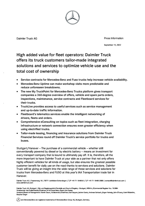 High added value for fleet operators: Daimler Truck offers its truck customers tailor-made integrated solutions and services to optimize vehicle use and the total cost of ownership