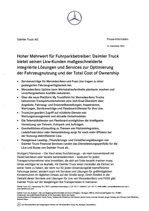 Hoher Mehrwert für Fuhrparkbetreiber: Daimler Truck bietet seinen Lkw-Kunden maßgeschneiderte integrierte Lösungen und Services zur Optimierung der Fahrzeugnutzung und der Total Cost of Ownership