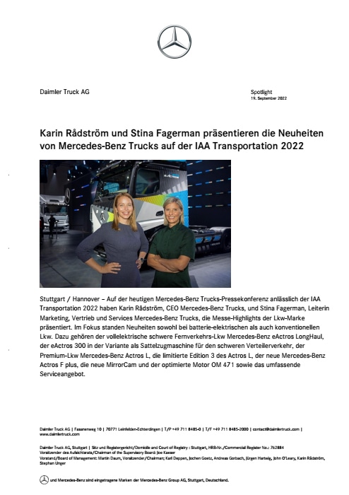 Karin Rådström und Stina Fagerman präsentieren die Neuheiten von Mercedes-Benz Trucks auf der IAA Transportation 2022