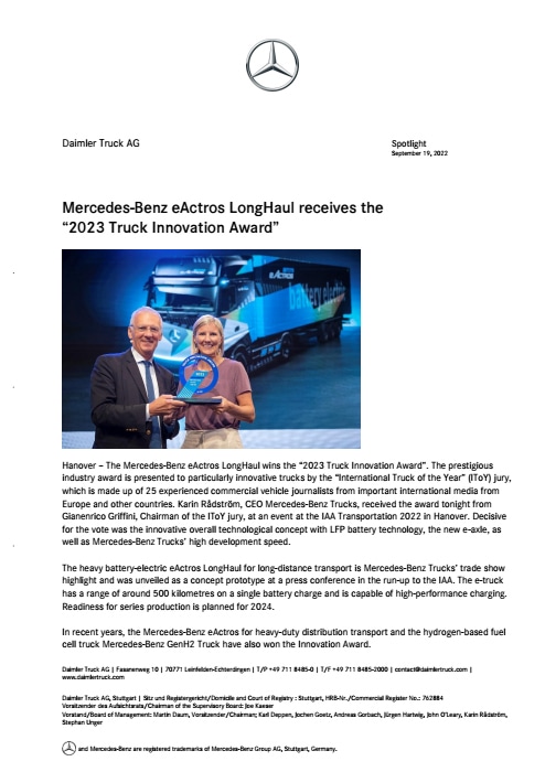 Mercedes-Benz eActros LongHaul receives the “2023 Truck Innovation Award”