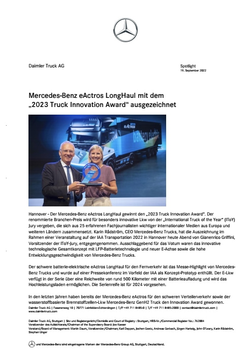 Mercedes-Benz eActros LongHaul mit dem „2023 Truck Innovation Award“ ausgezeichnet