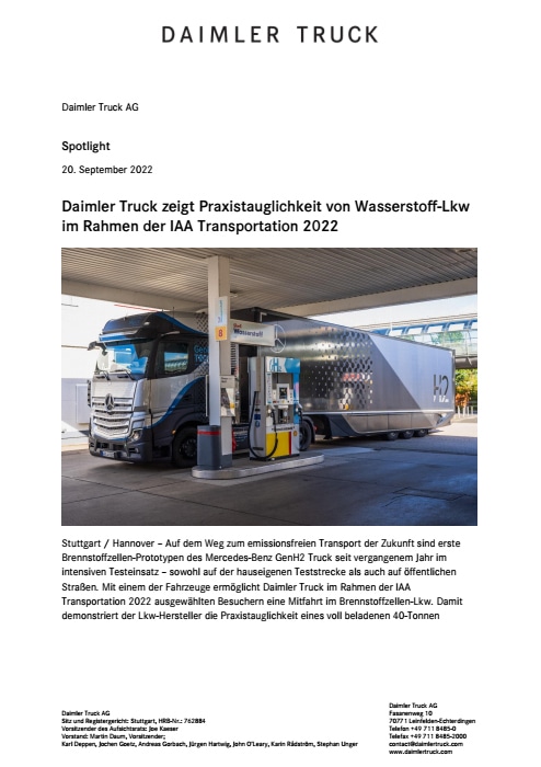 Daimler Truck zeigt Praxistauglichkeit von Wasserstoff-Lkw im Rahmen der IAA Transportation 2022