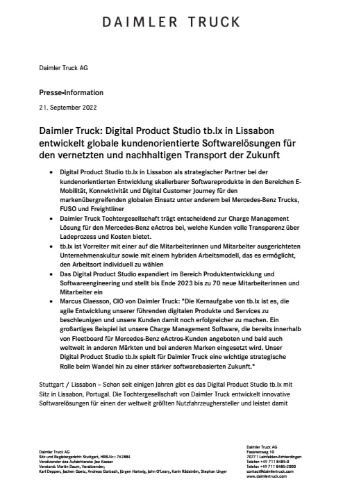 Daimler Truck: Digital Product Studio tb.lx in Lissabon entwickelt globale kundenorientierte Softwarelösungen für den vernetzten und nachhaltigen Transport der Zukunft