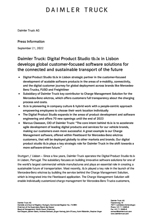 Daimler Truck: Digital Product Studio tb.lx in Lisbon develops global customer-focused software solutions for the connected and sustainable transport of the future